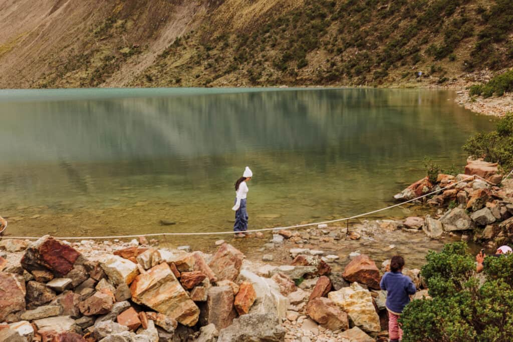 Ropes around Humantay Lake, where there's no swimming.