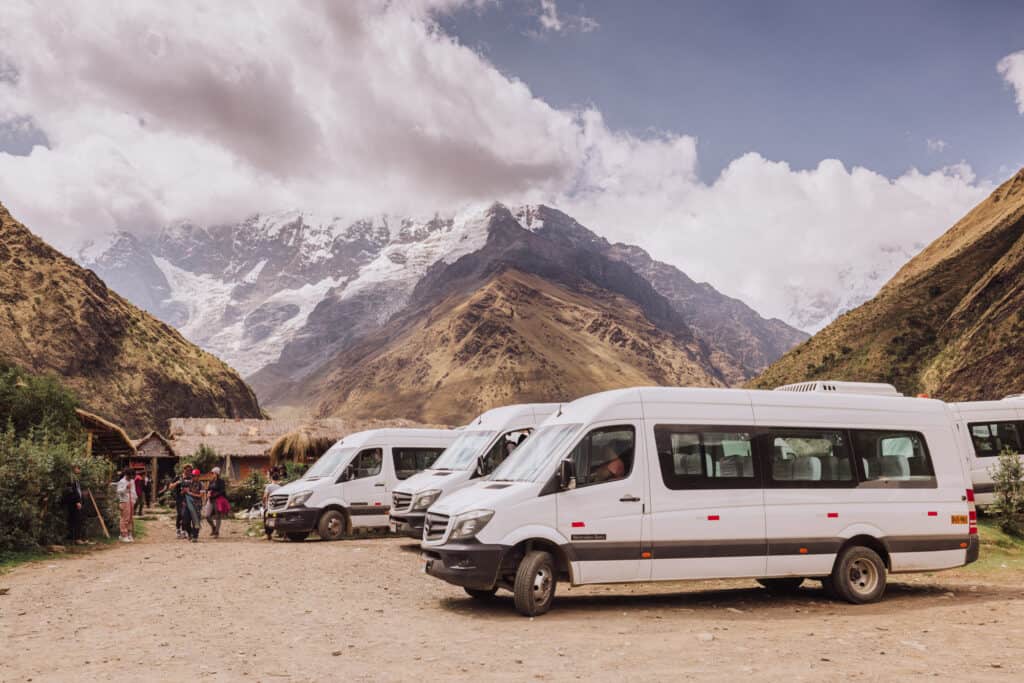 Humantay Lake trailhead parking lot in the mountains of Peru