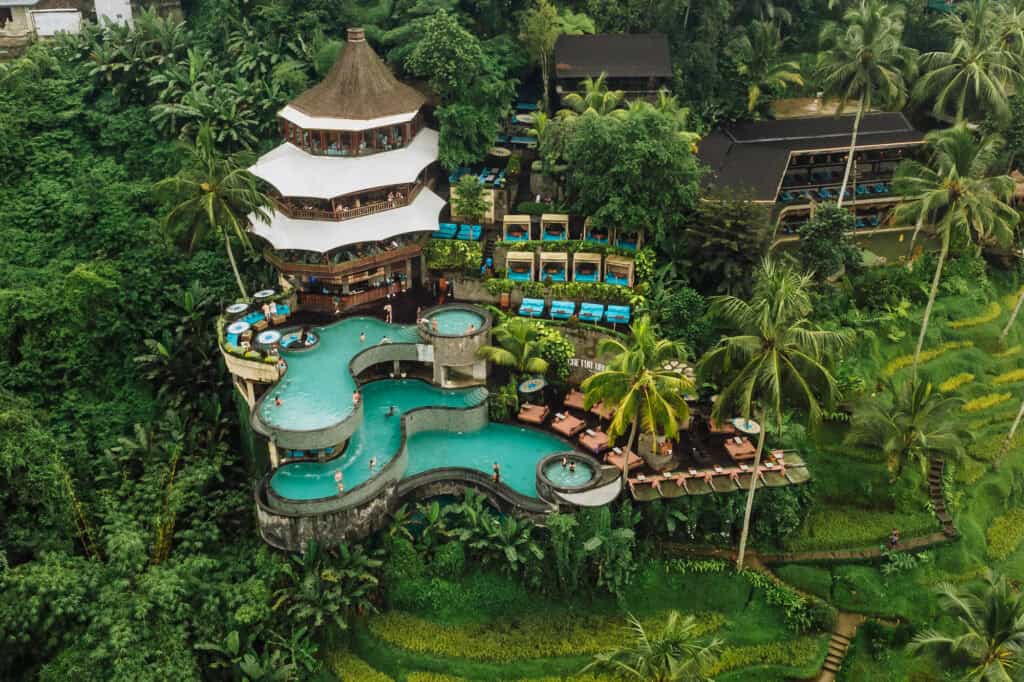 Drone view of luxury day club in Bali