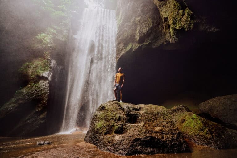 On a rock in the Goa Raja waterfall cave