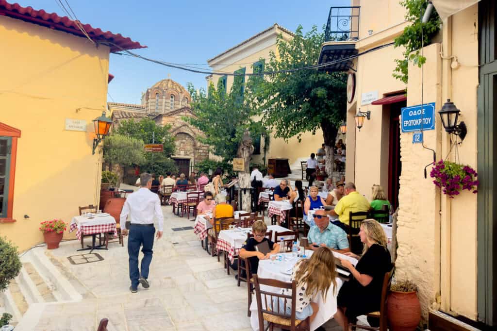 Charming street full of cafes in Athens, Greece