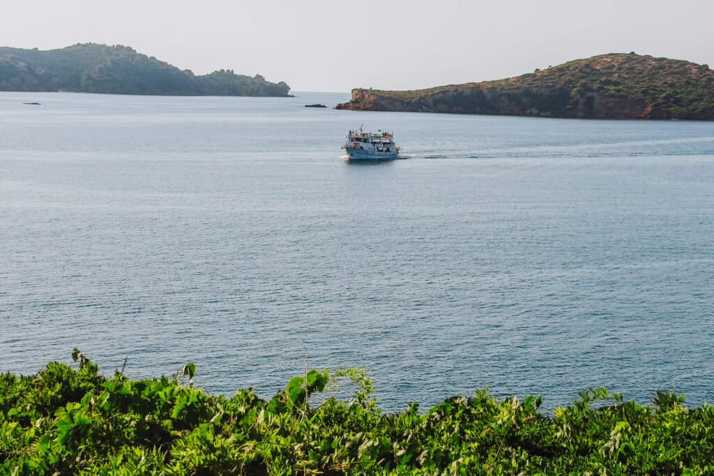 A ferry leaving Skiathos in June