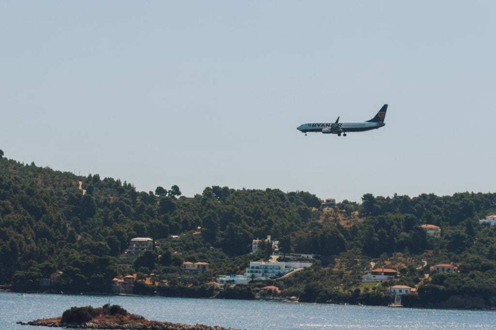 Plane landing at the Skiathos Airport