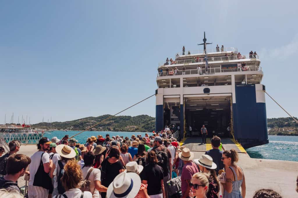 Huge crowd lined up for a ferry in Greece