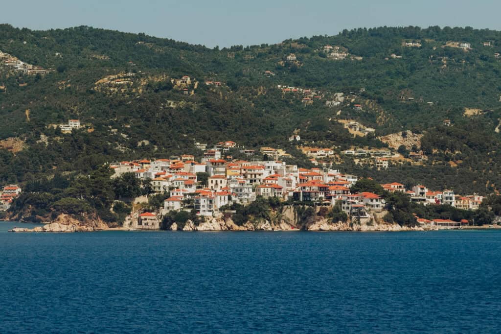 Skiathos, Greece, taken from a ferry on the Aegean Sea