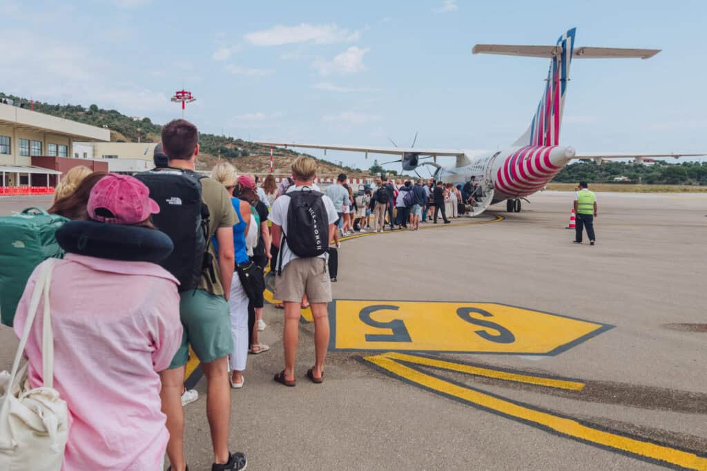 Passengers boarding a plane at the Skiathos Airport