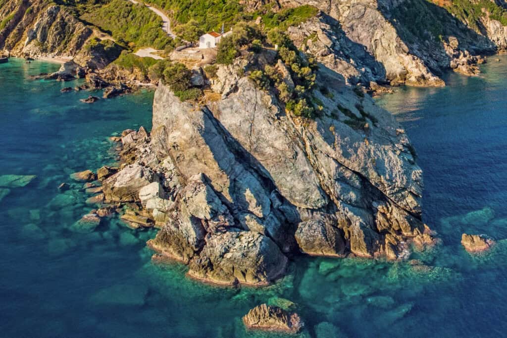 Aerial view of the Mamma Mia church on Skopelos