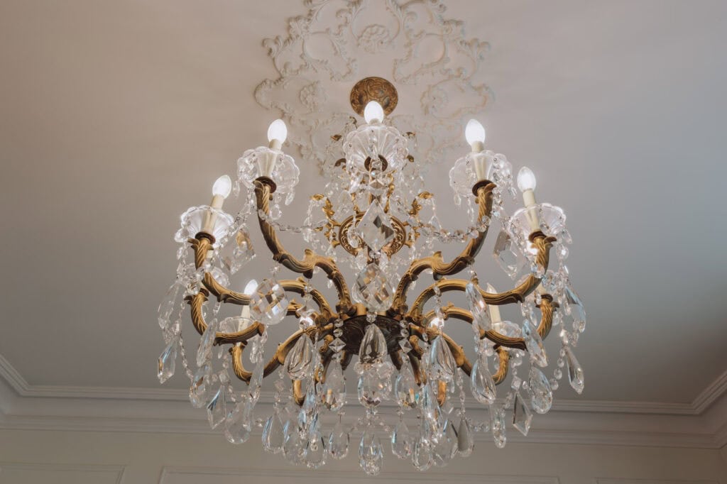 A chandelier in a guest room at The Plaza Hotel.