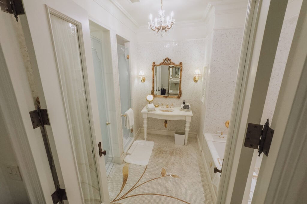 A bathroom in a guest room at The Plaza