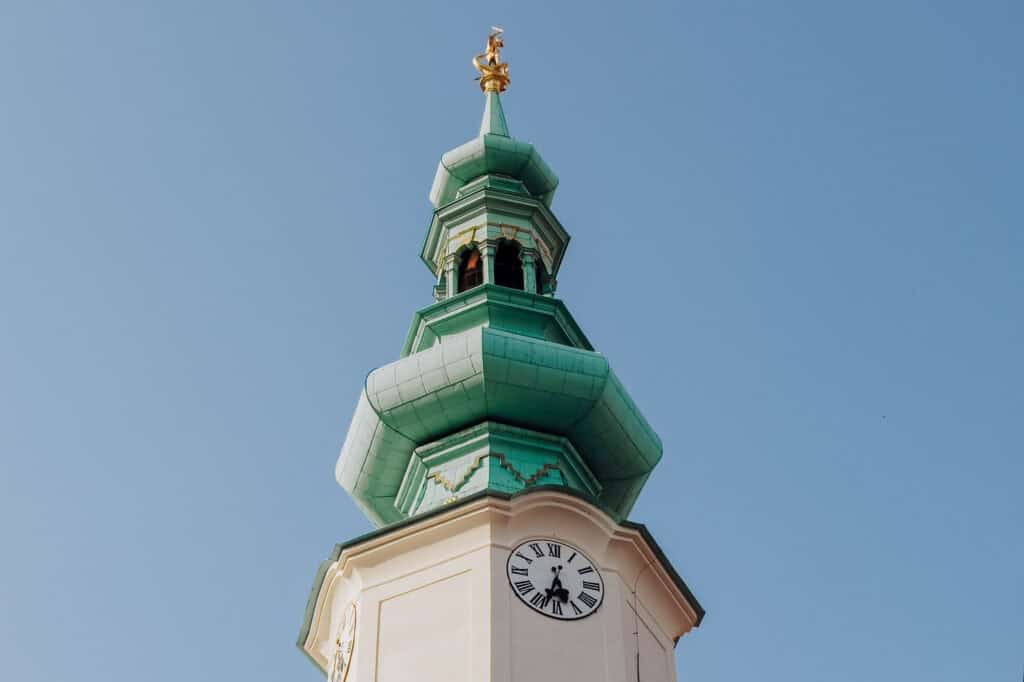 Climb to the top of the tower at Michael's Gate in a day trip to Bratislava