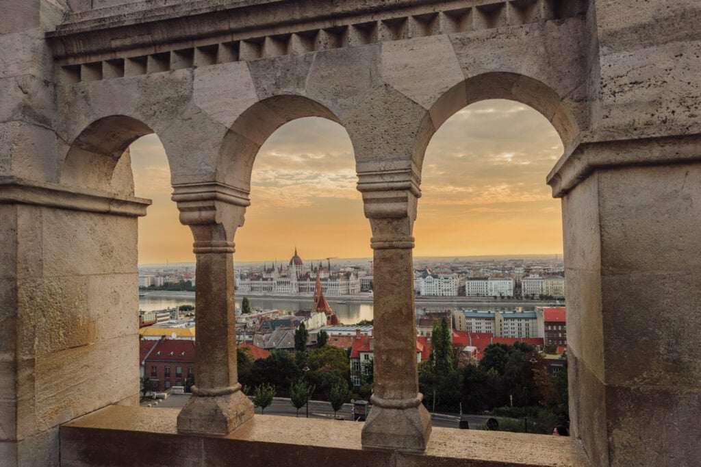 A view of Budapest, Hungary, at sunrise