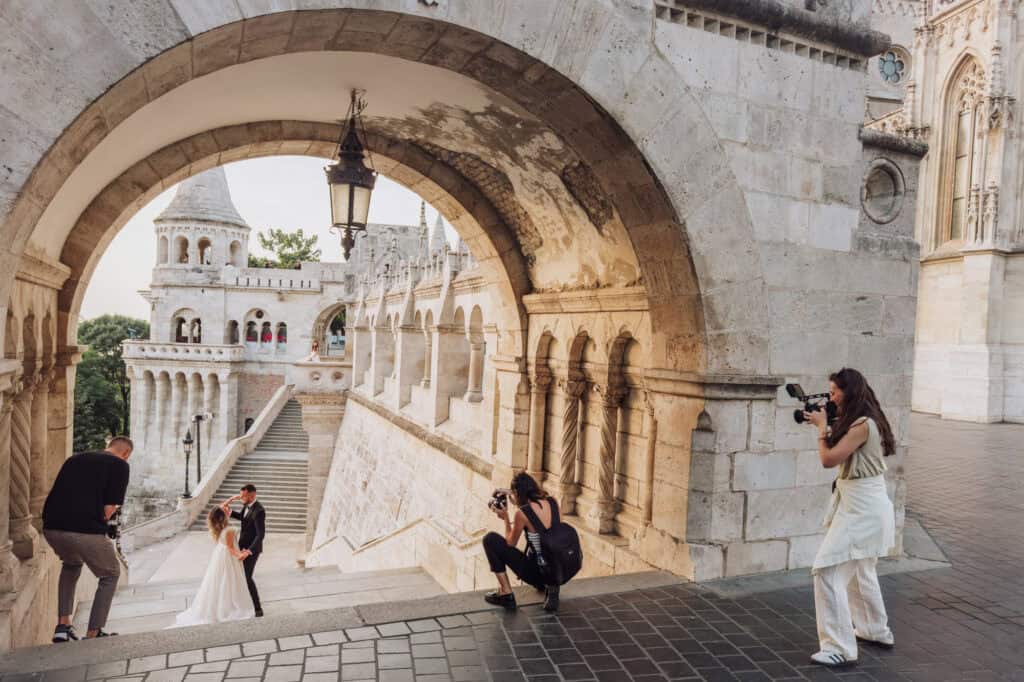 A bride and groom on a wedding photography shoot at Fisherman's Bastion