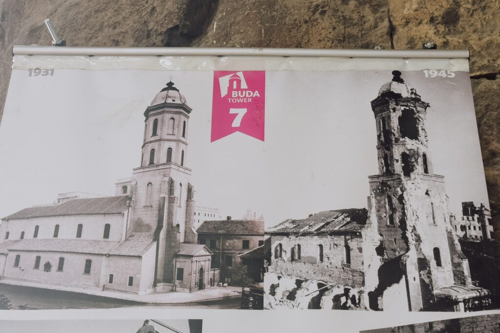 A before and after photo of Buda Tower and the church