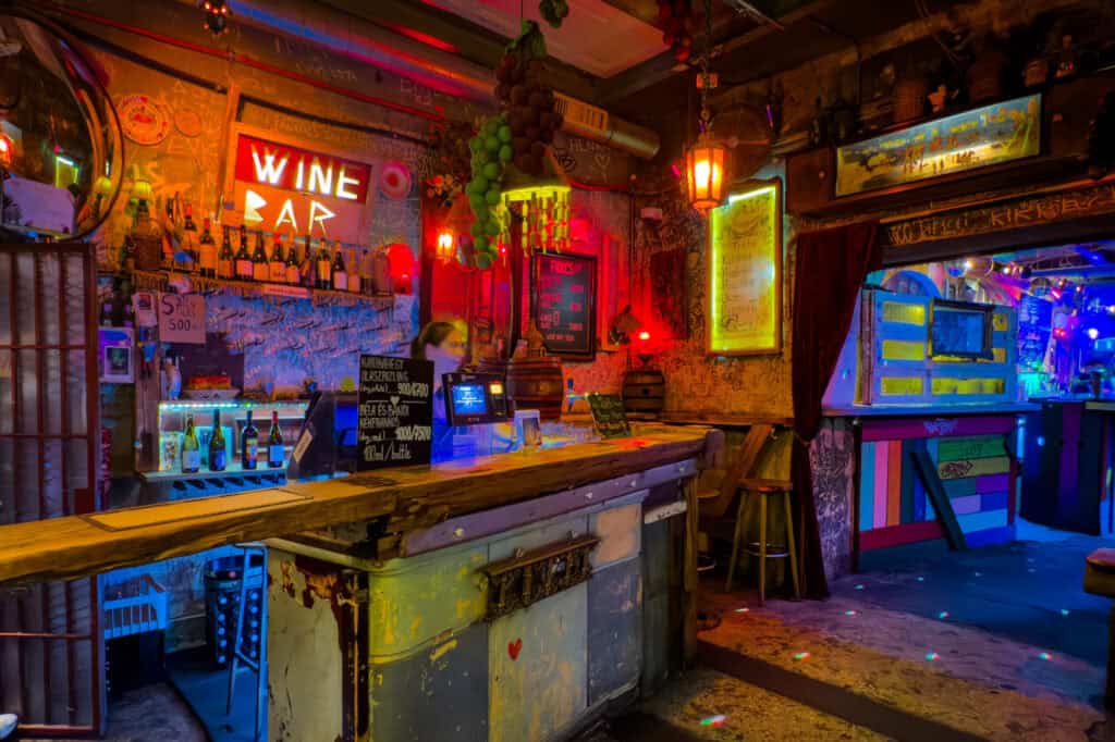 A wine bar at night in Budapest