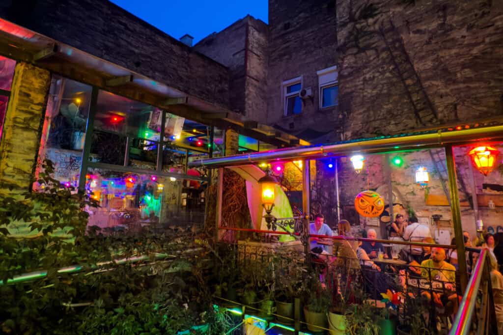 One of the ruin bars at night in Budapest, Hungary