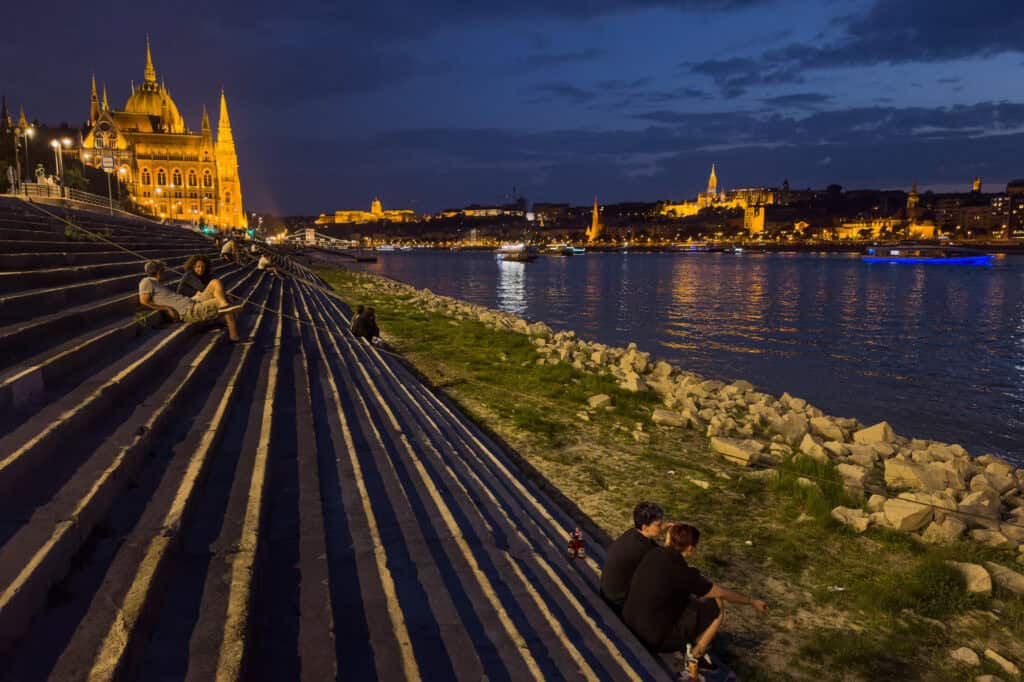 Steps along the Danube River at night