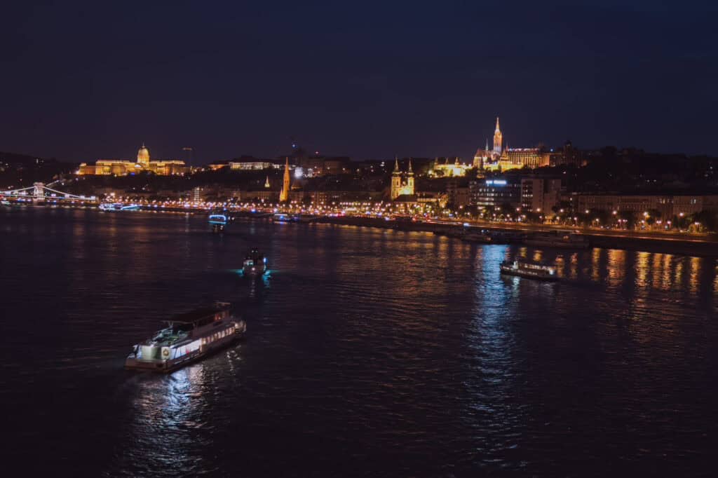 The Danube River at night in Budapest, Hungary