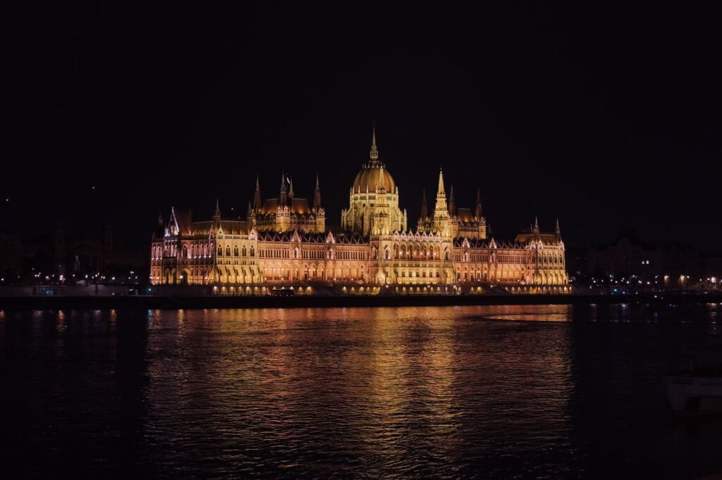 Budapest at night: the parliament building lit after dark