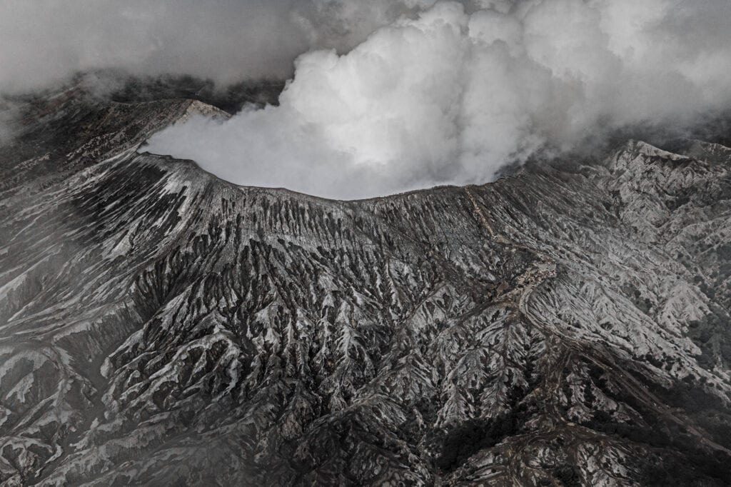 A drone's aerial view of the Mount Bromo volcano