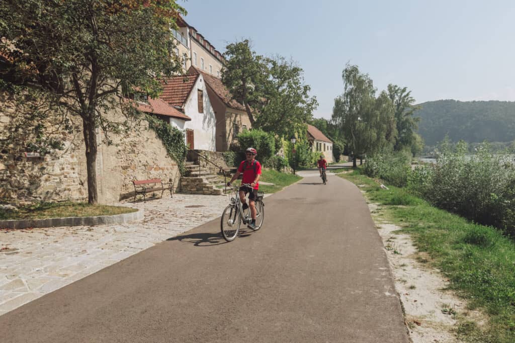 A bike path in Durnstein, Austria, along the Danube River.