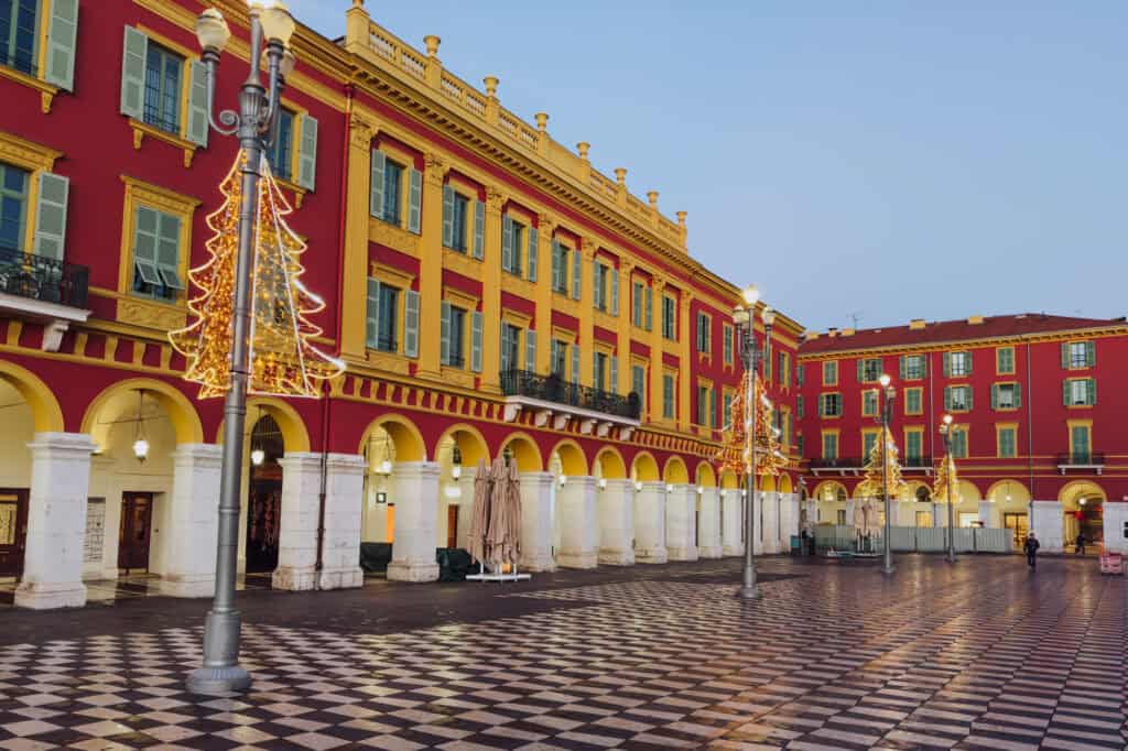 The main square in Nice France, decorated for Christmas